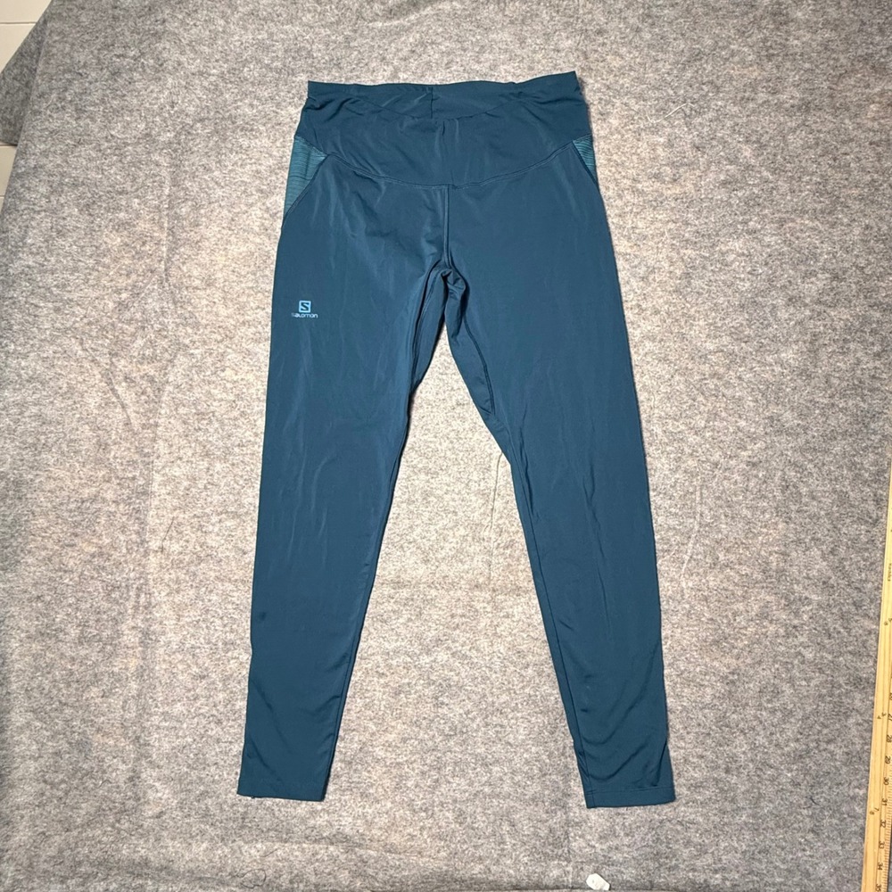 Salomon AdvancedSkin ActiveDry Running Tights Womens L Teal Blue Zipper Ankle EX